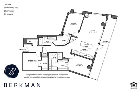 Floor plan for 3 beds, 2 baths, 1516 sqft
